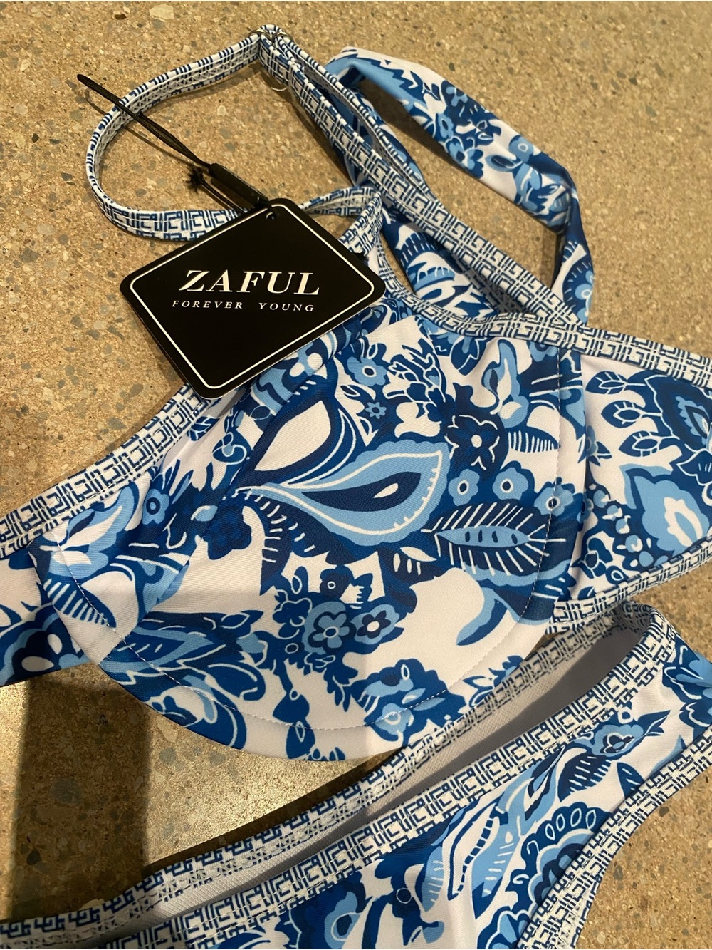 Zaful Blue and White Floral Print Bikini Top